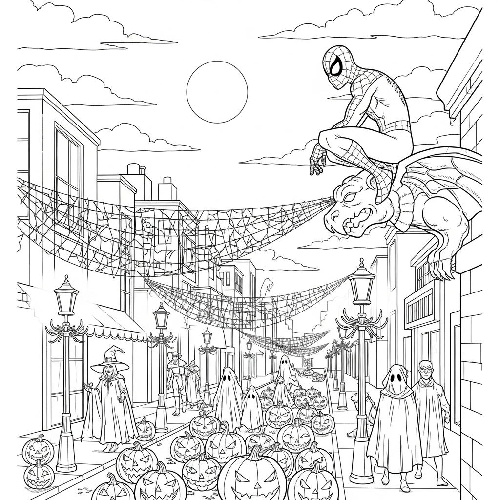 Spider Man Halloween Cityscape Coloring app