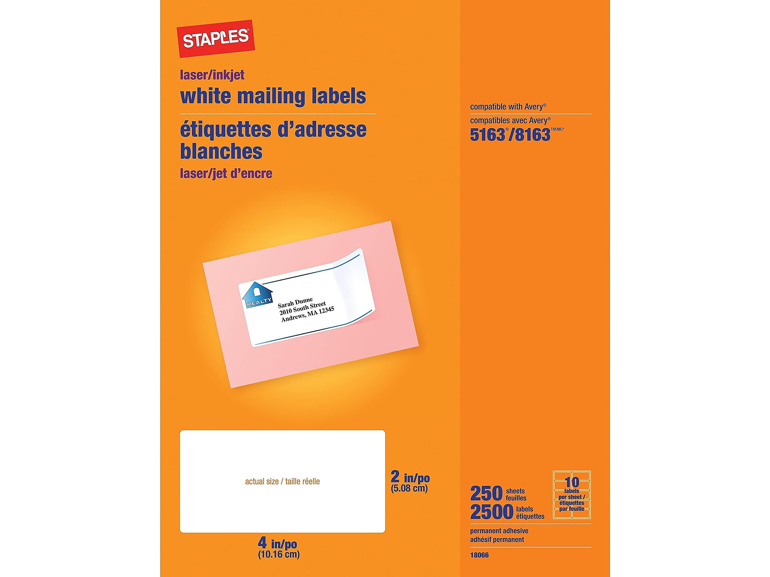 Staples Laser Inkjet Address Labels Easy to Peel Printable Sticker Paper 2 X 4 Inch 10 Labels Per Sheet 250 Pack White Amazon ca Office Products