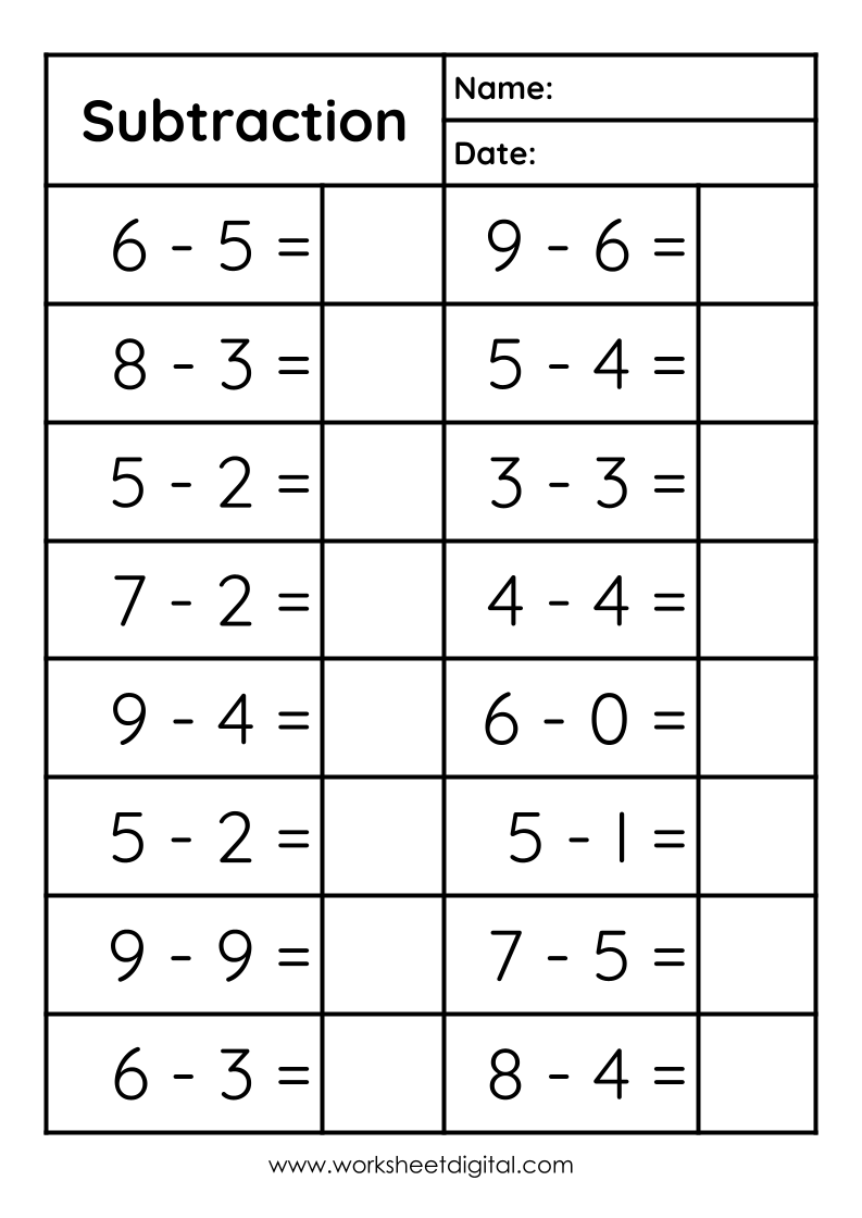 single digit subtraction worksheets