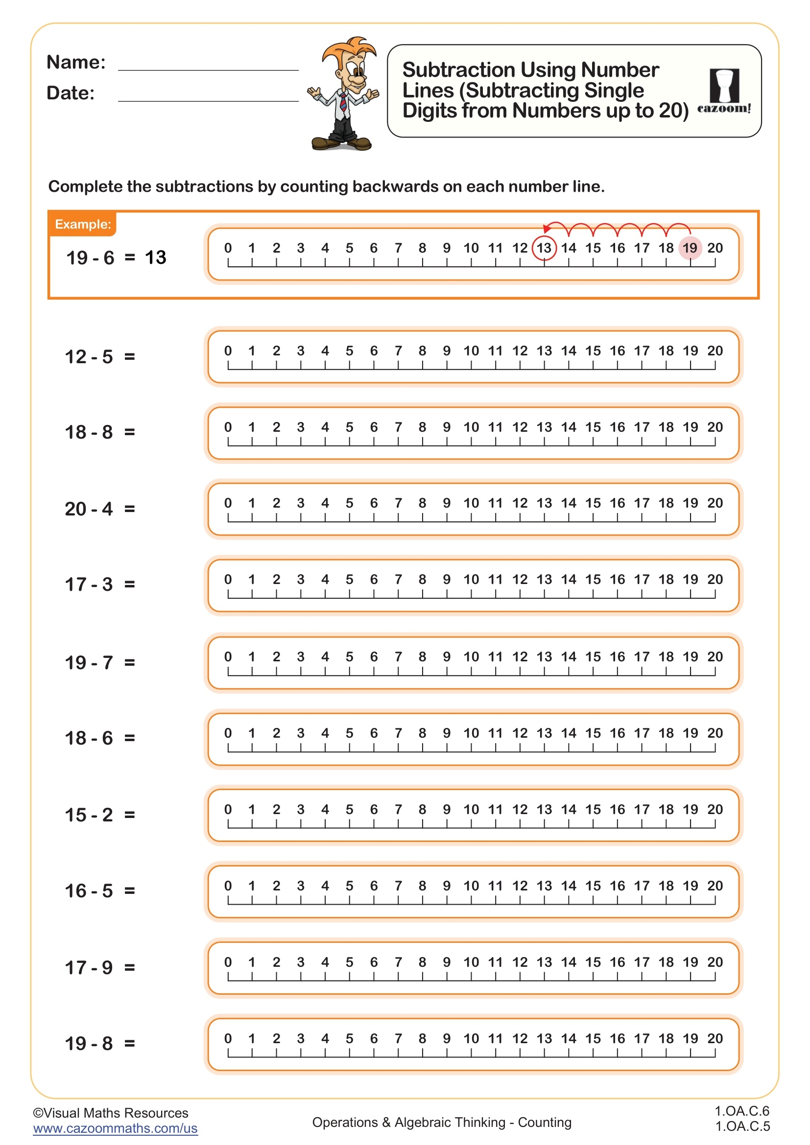 Subtraction Using Number Lines Subtracting Single Digits From Numbers Up To 20 Worksheet Fun And Engaging 1st Grade Operations Algebraic Thinking Worksheet Cazoom Math