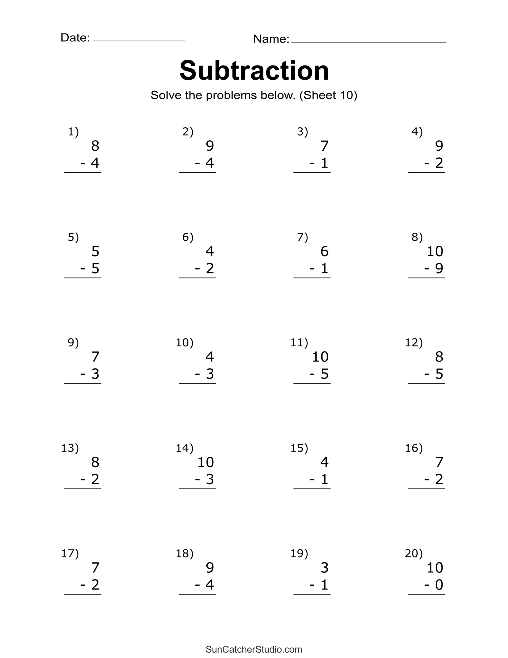 single digit subtraction worksheet