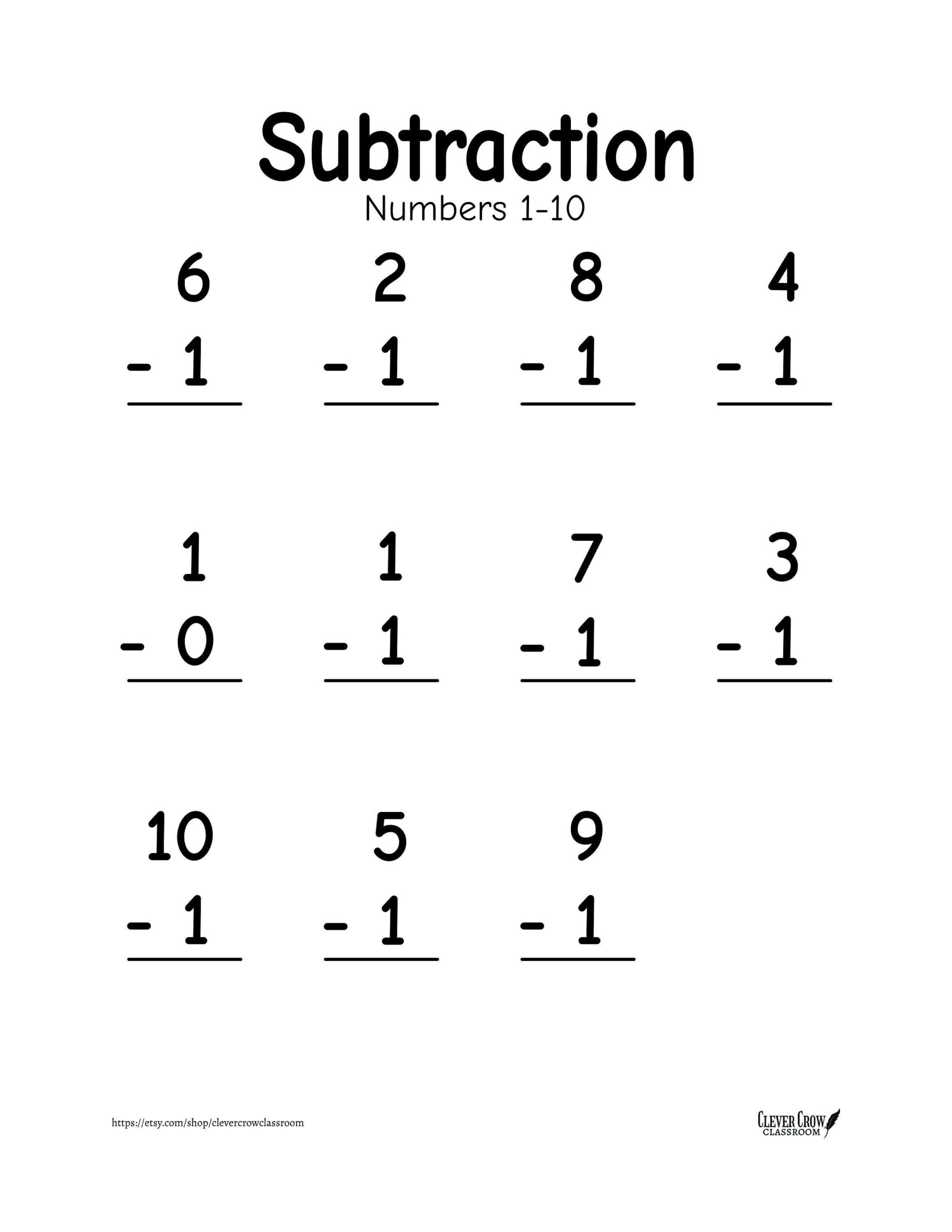Subtraction Worksheets Numbers 1 10 Vertical Horizontal digital Download Etsy