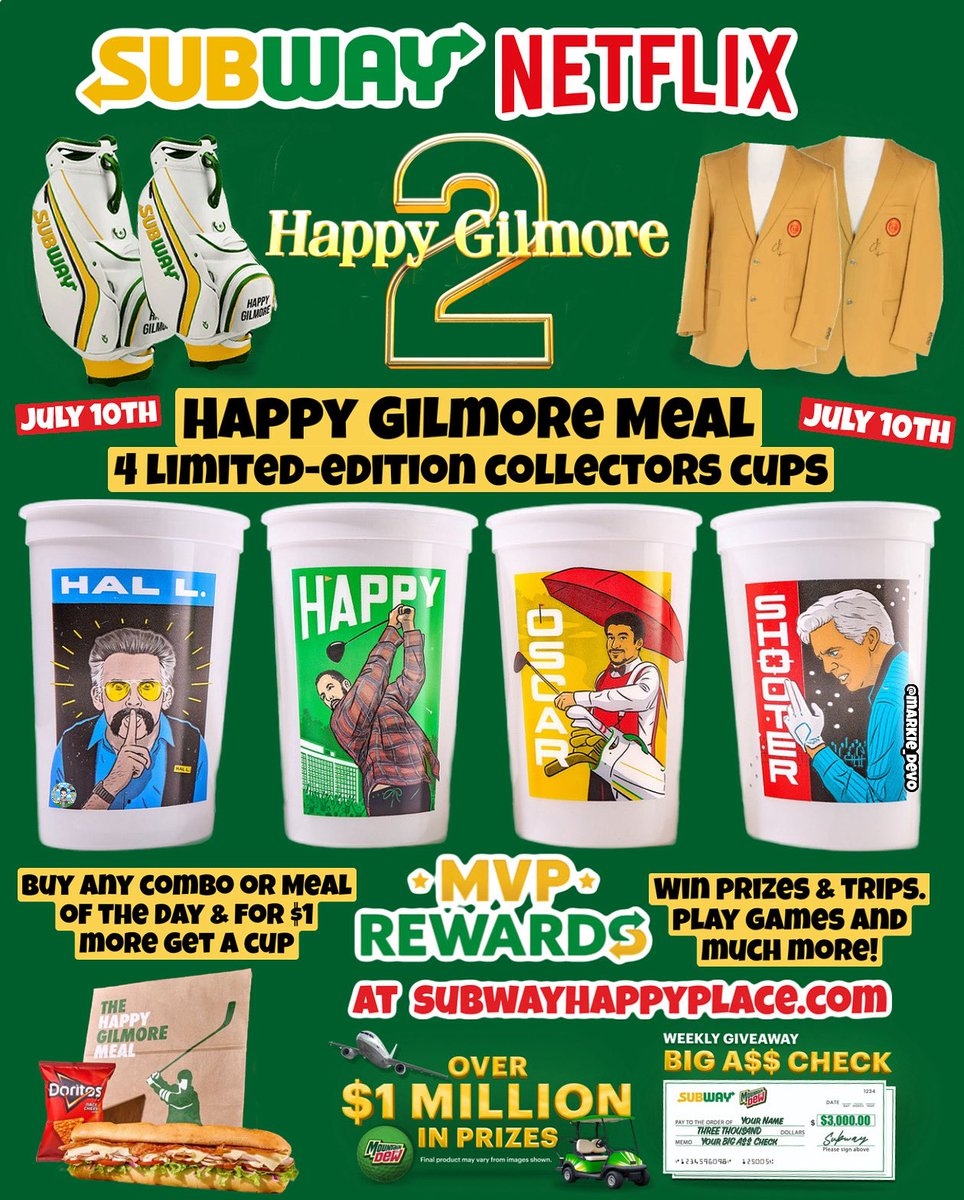 Subway X Netflix Happy Gilmore 2 Collectors Cups Limited Edition Packaging Sweeps To Win Prizes Trips And Much More 4 Limited edition Collectors Cups Purchase Any Combo Or Meal And For 1