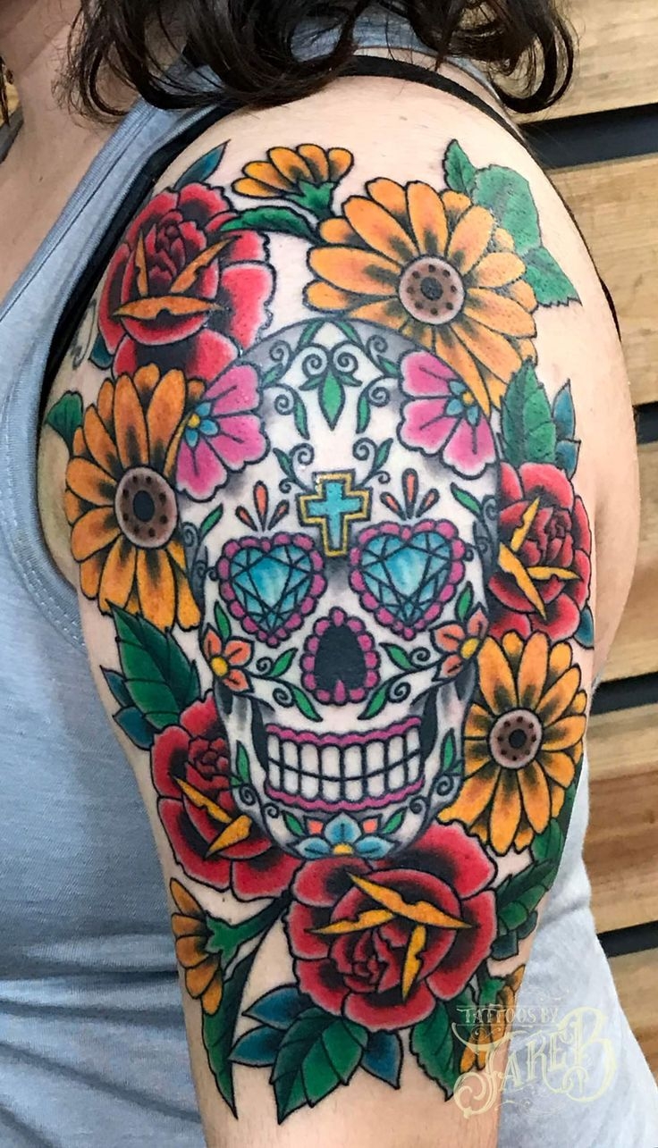 Sugar Skull And Flowers Tattoo Tattoos By Jake B