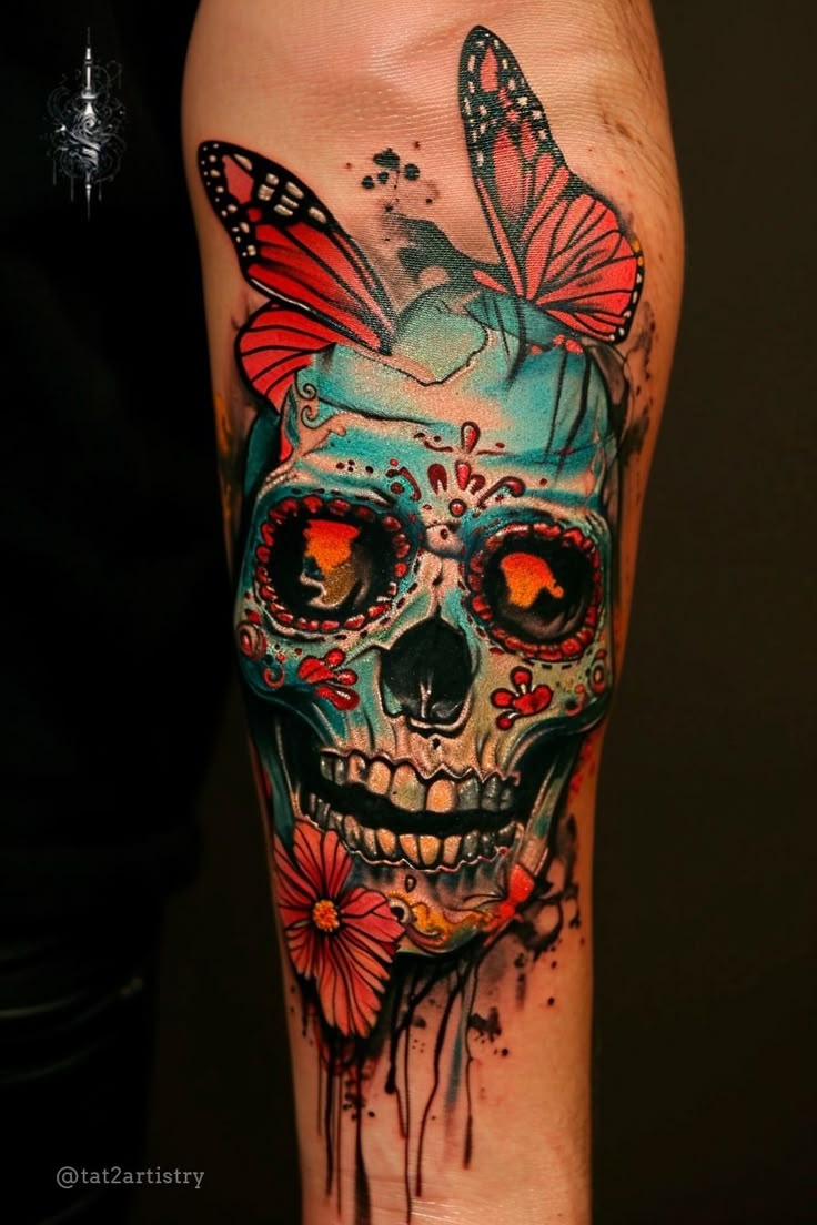 sugar skull and flowers tattoo