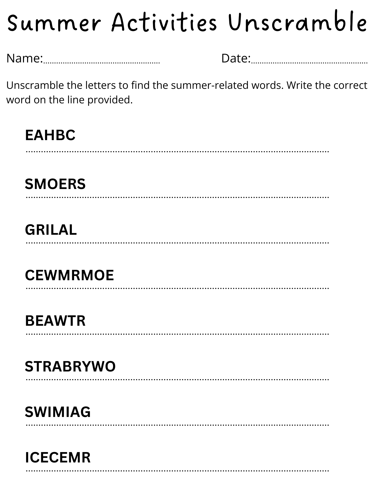 Summer Unscramble Worksheet Answers Made By Teachers
