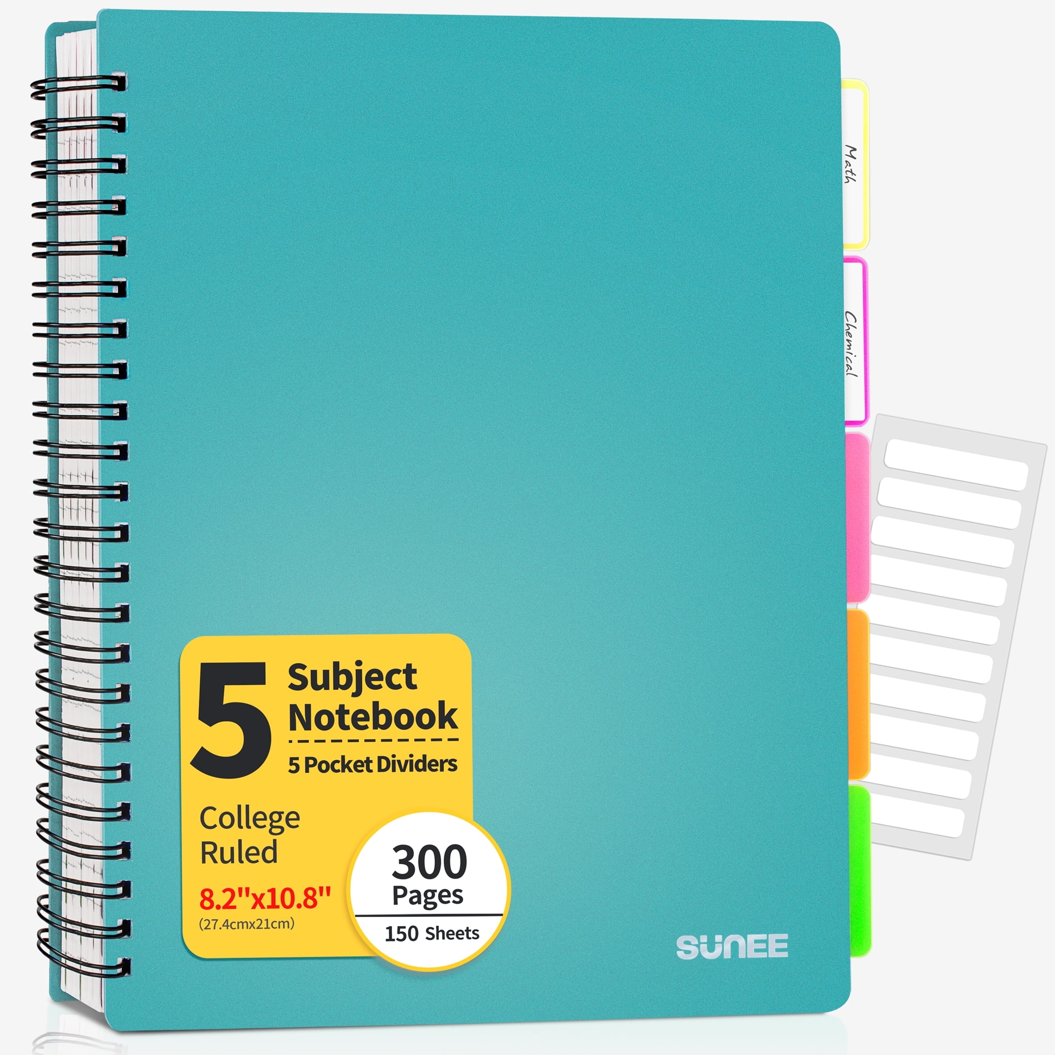 SUNEE College Ruled 5 Subject Notebook With 5 Tabs Dividers 300 Pages 8 2 x10 8 Teal Spiral Walmart