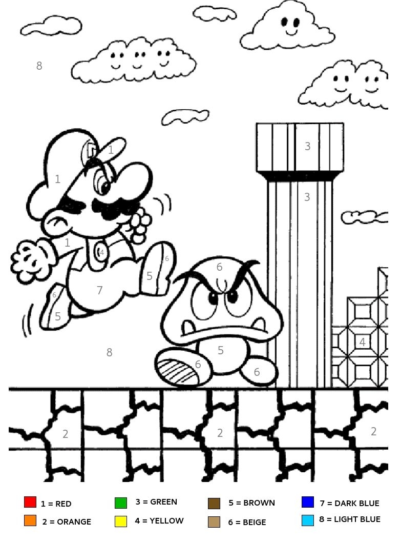 Super Mario Brothers Kids Color By Number Coloring Page Good For Party Activities 
