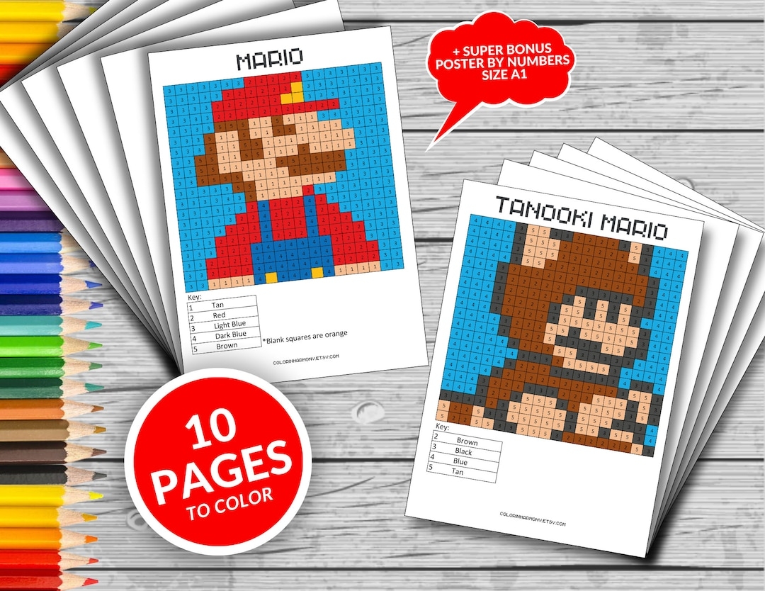 Super Mario Printable Coloring Pages Coloring By Number Super Mario Fun Game Kids Activities Fun At Home Activity Relax And Color Etsy