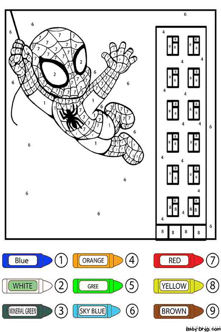 Swinging Cute Spider Man Color By Number Color By Number Coloring Pages
