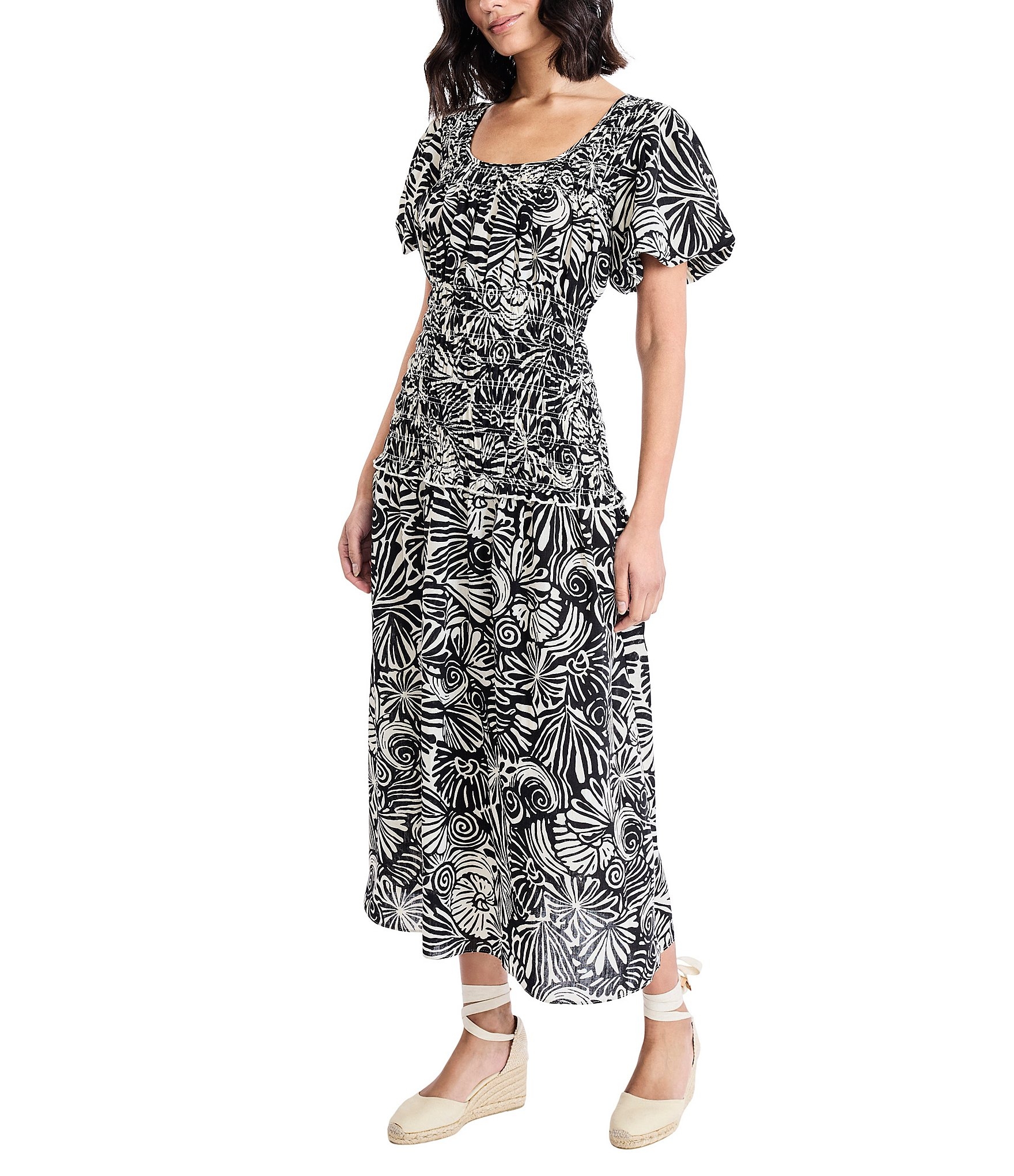 The Good Journey Linen Blend Printed Square Neck Puff Sleeve A Line Midi Dress At Hamilton Place In Chattanooga TN