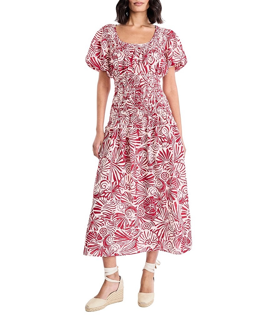 The Good Journey Linen Blend Printed Square Neck Puff Sleeve A Line Midi Dress Dillard s