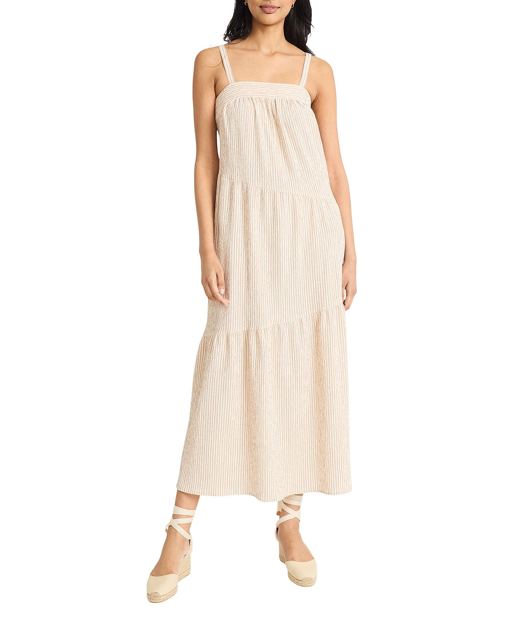 The Good Journey Woven Stripe Square Neck Asymmetrical Tiered Shift Midi Dress At Hamilton Place In Chattanooga TN
