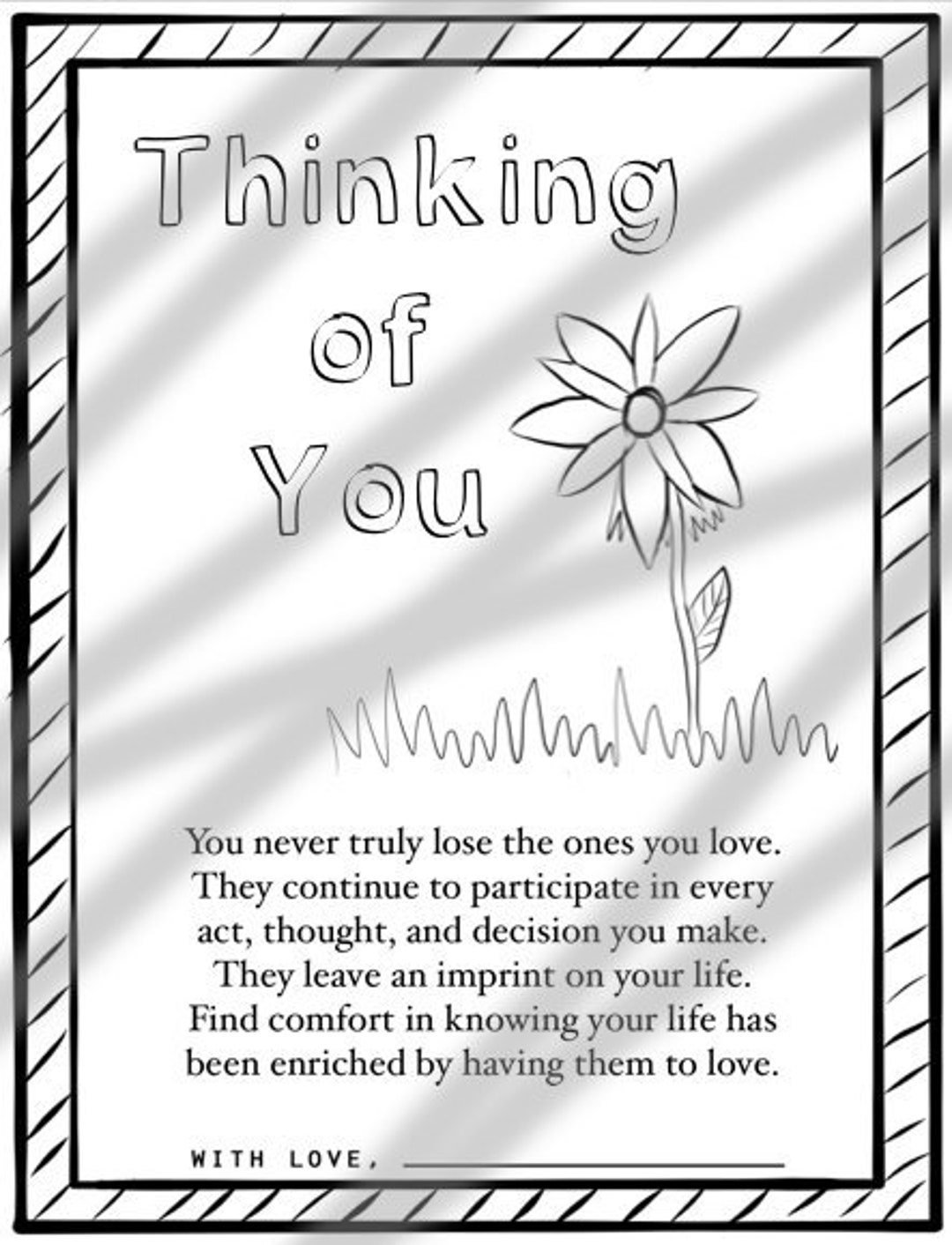 Thinking Of You Coloring Page Memorial Gift Sympathy Card printable PDF Etsy