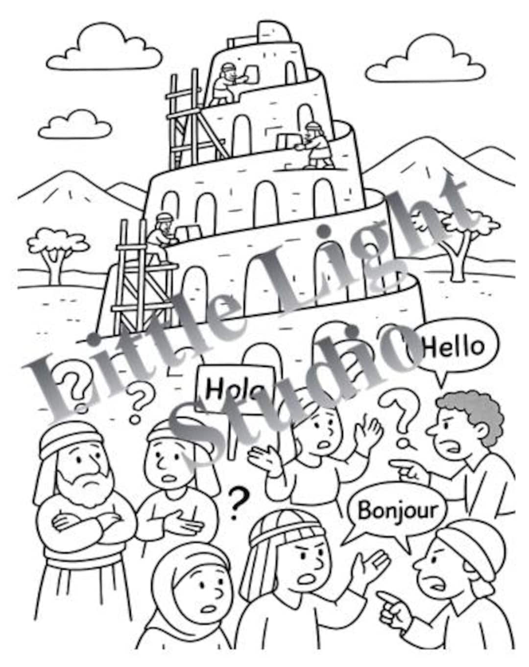 Tower Of Babel Confusion Different Languages Bible Coloring Page For Kids A4 Portrait Etsy