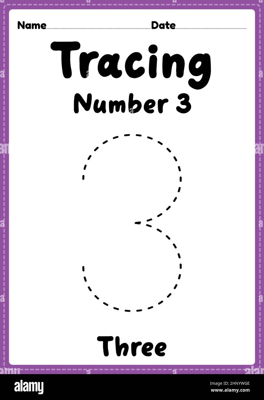 Tracing Number 3 Worksheet For Kindergarten Preschool And Montessori Kids For Handwriting Practice Activities In A Printable Page Stock Photo Alamy