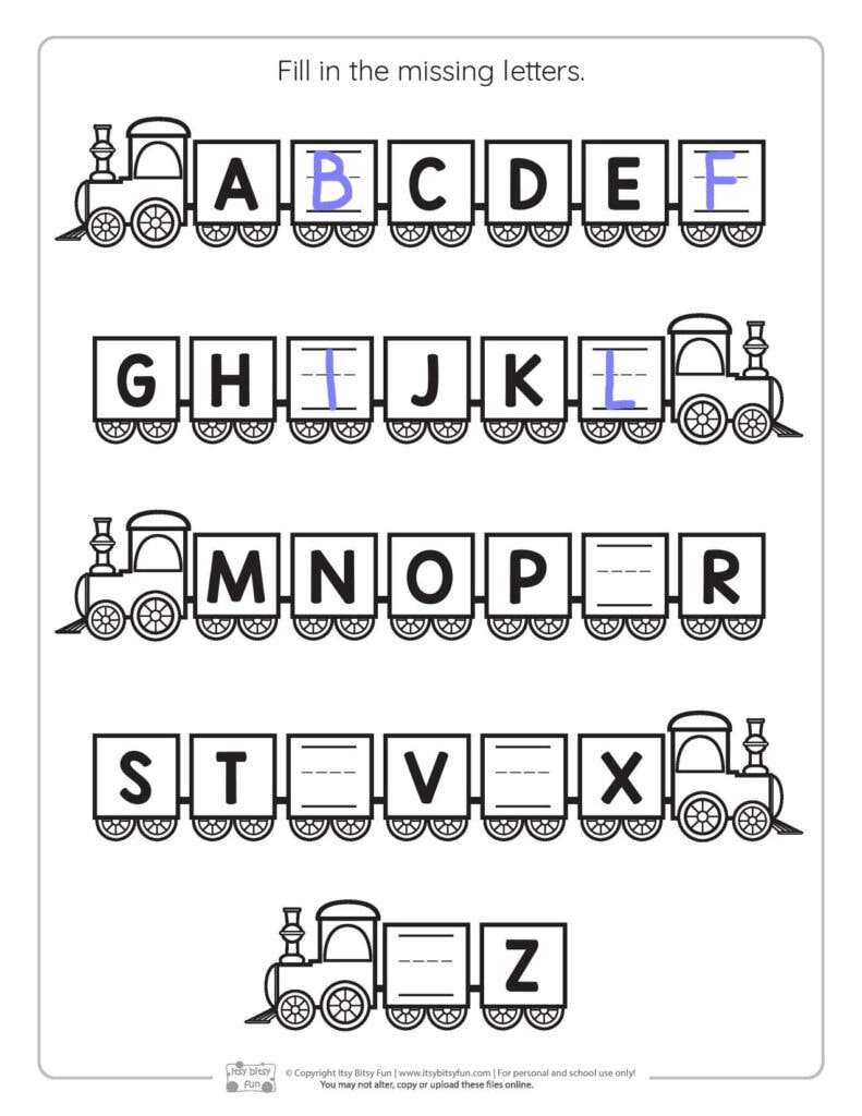 Train Fill In The Missing Letters Alphabetical Order Worksheets Itsy Bitsy Fun