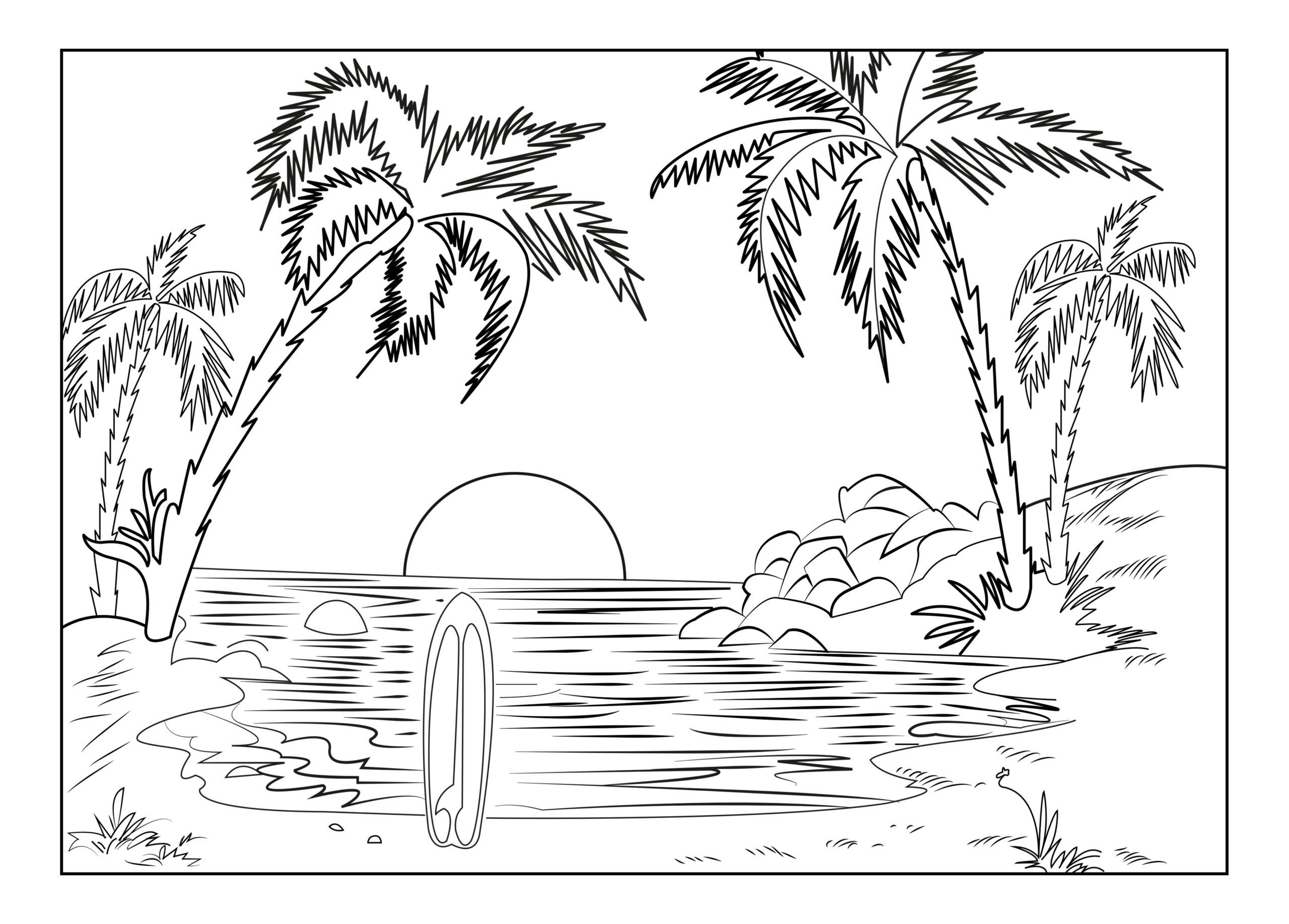 Tropical Paradise Island Landscape Coloring Pages