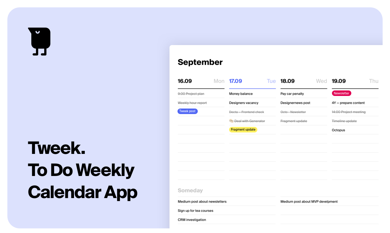 Tweek Calendar Minimal To Do List And Weekly Task Planner App
