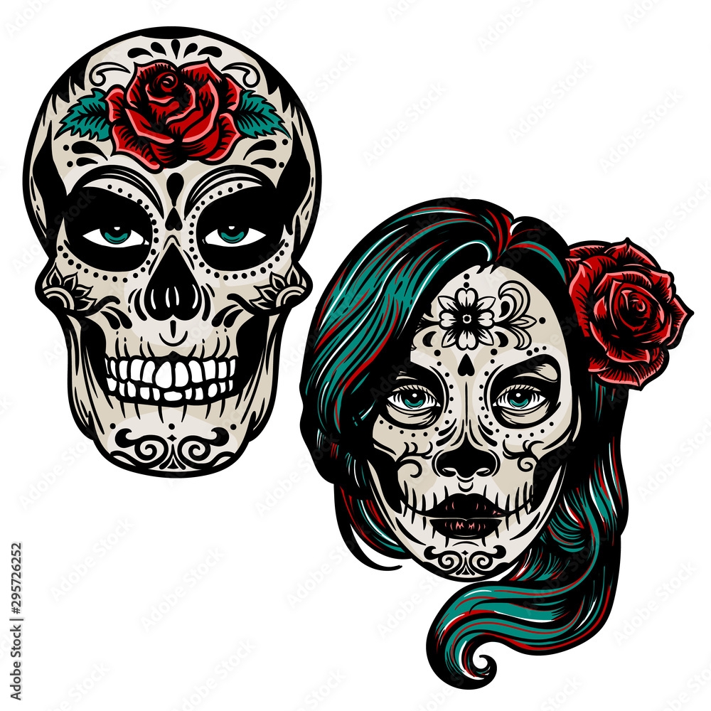 sugar skull and flower tattoo