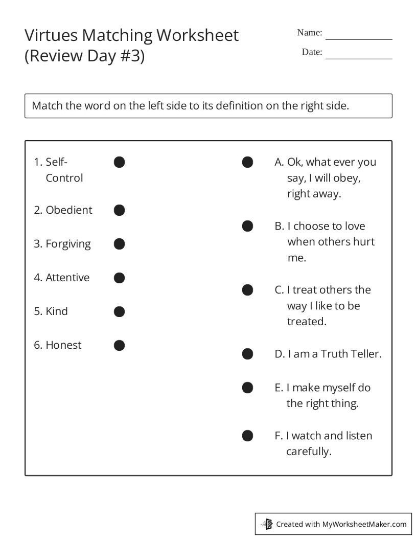 Virtues Matching Worksheet Review Day 3 My Worksheet Maker Create Your Own Worksheets
