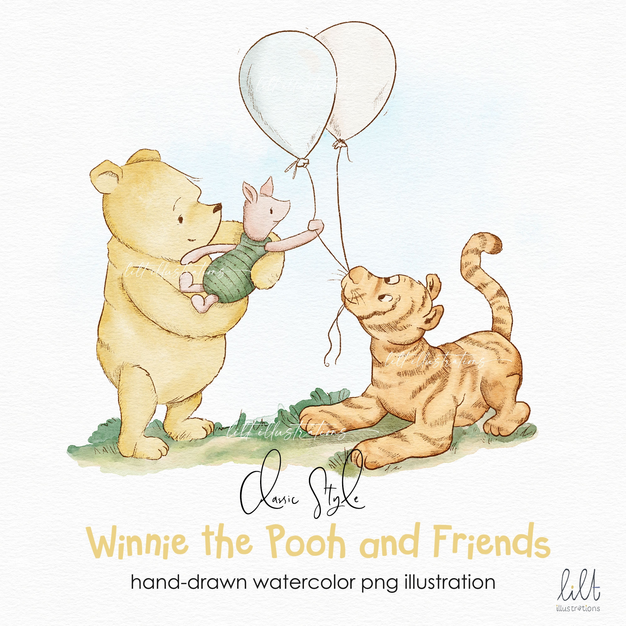 Watercolor Winnie The Pooh And Friends Hand drawn PNG Illustration Classic Style Winnie The Pooh Clipart Classic Winnie The Pooh L031 Etsy