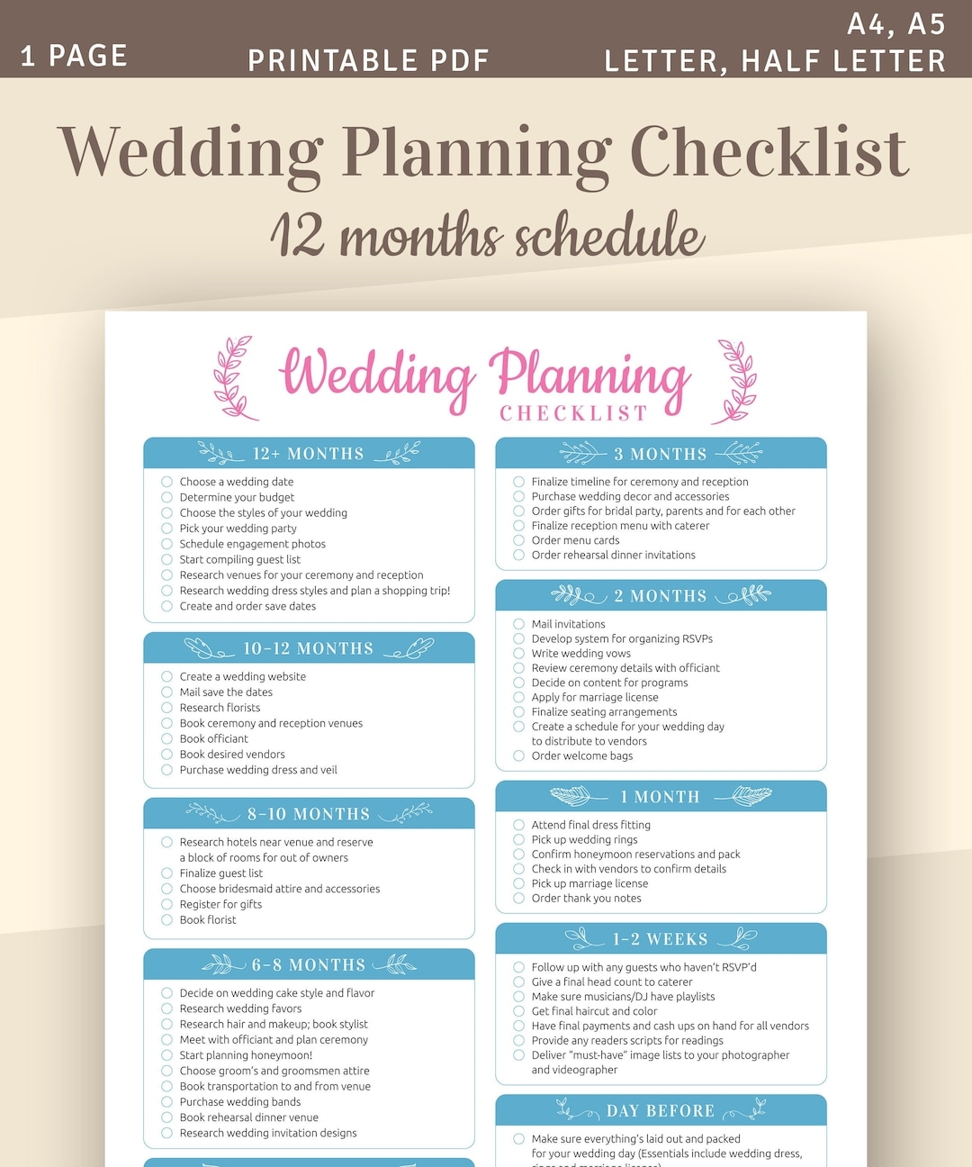 Wedding Planning Checklist 12 Month Schedule printable PDF Etsy Finland