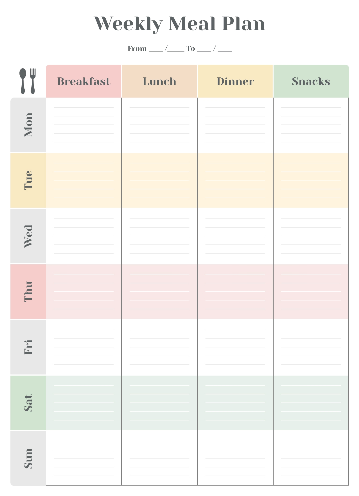 menu for the week planner