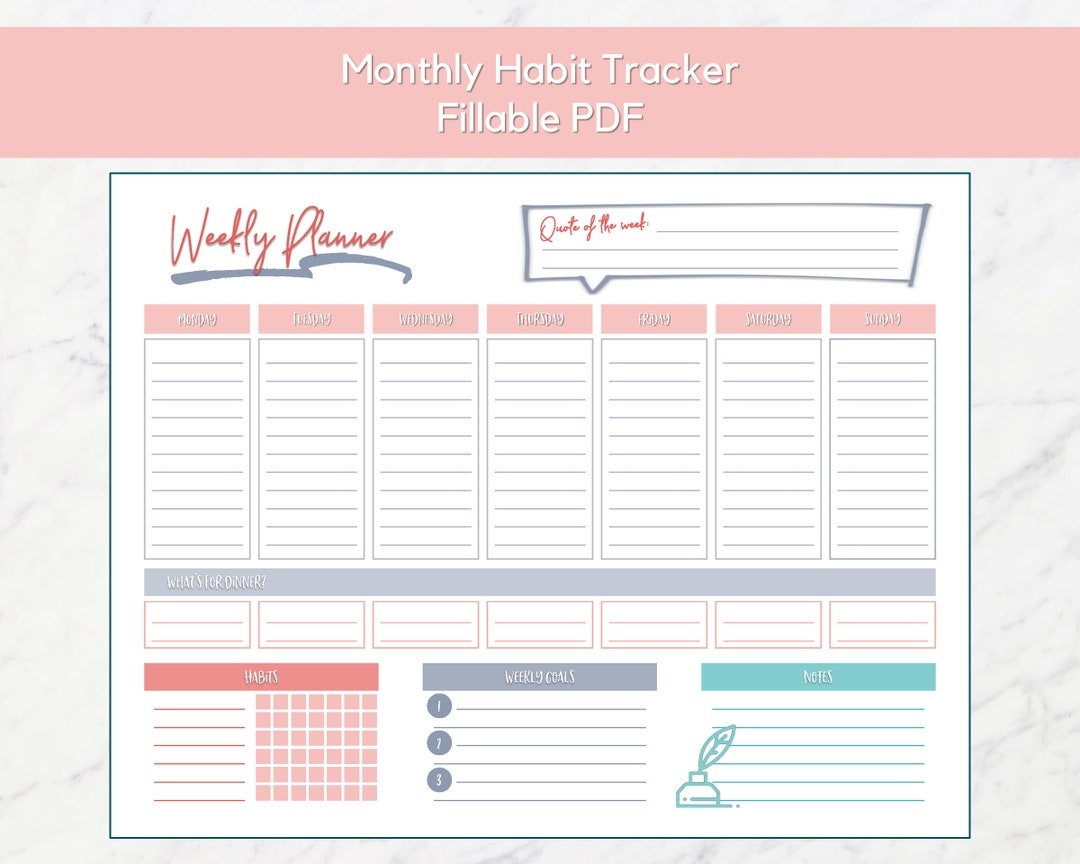 Weekly Printable Planner With Habit Tracker Goals Meal Plan Quote Of The Week Etsy