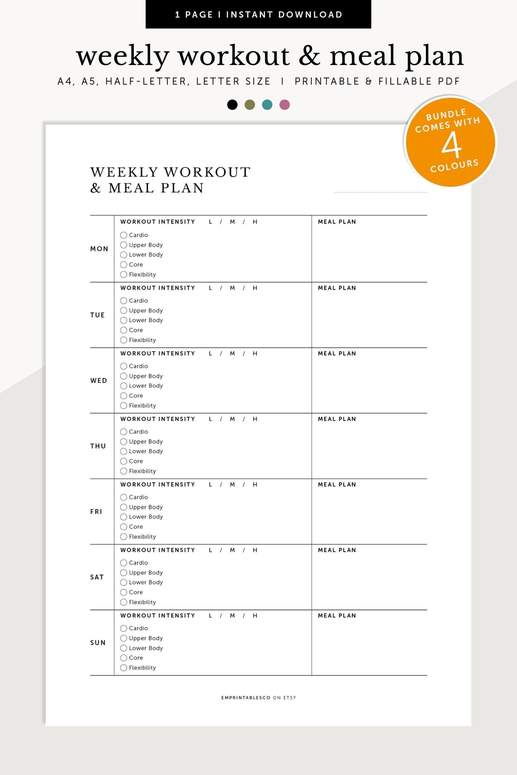 Weekly Workout And Meal Planner Weekly Health Planner Fitness And Nutrition Planner Fillable Printable Plan A4 a5 letter half Size Etsy