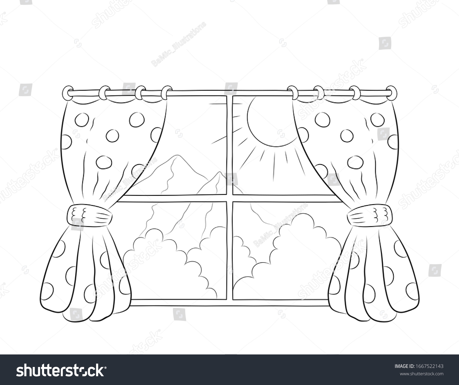 Window Curtains Coloring Page Kids Sun Stock Illustration 1667522143 Shutterstock