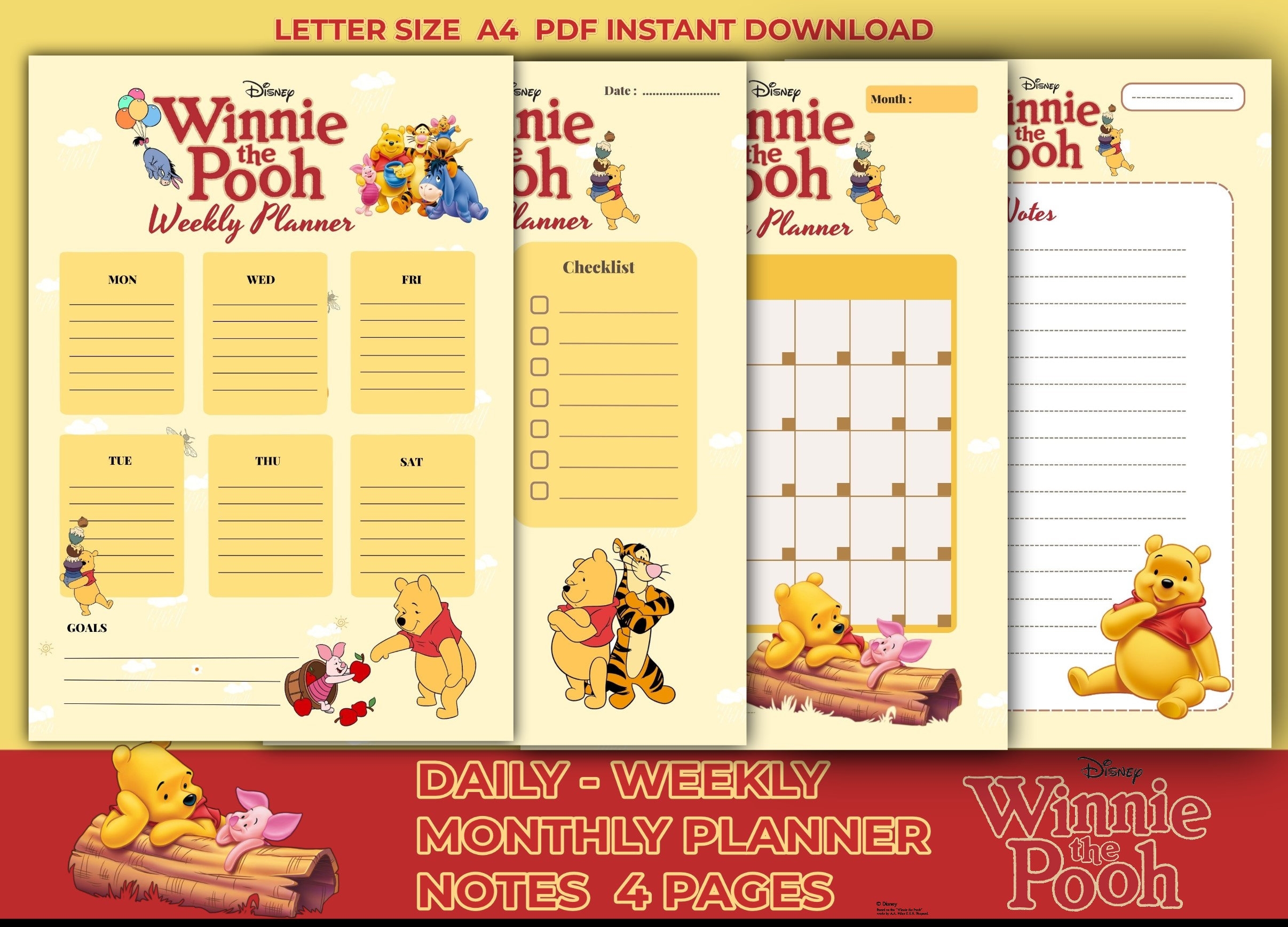 Winnie The Pooh Daily Weekly Monthly Planner Notes 4 PAGES Printable A4 PDF JPG Png Download And Edit Canva Etsy