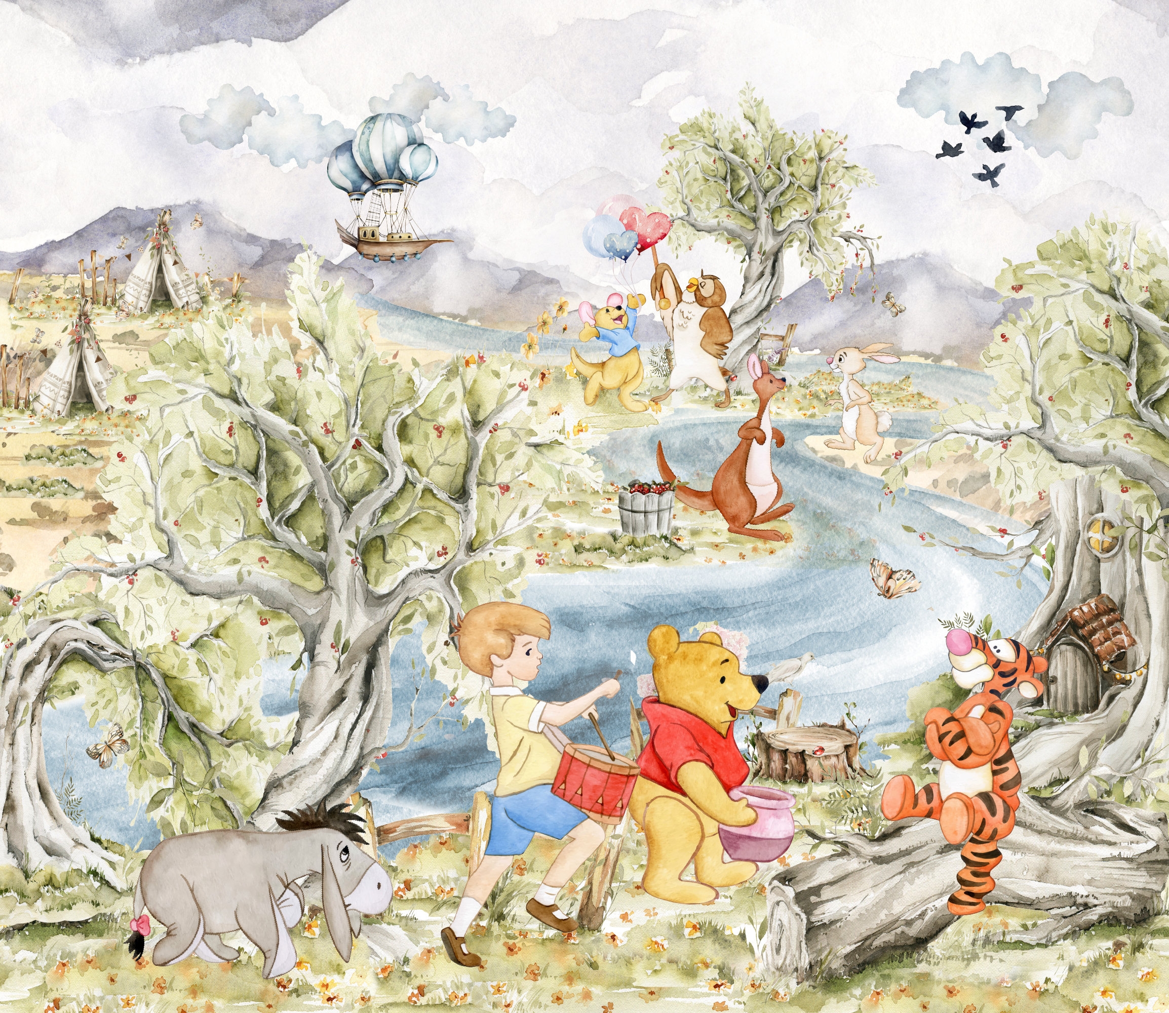 Winnie The Pooh Wallpaper For Kids Room Nursery Reusable Kids Wall Mural Etsy