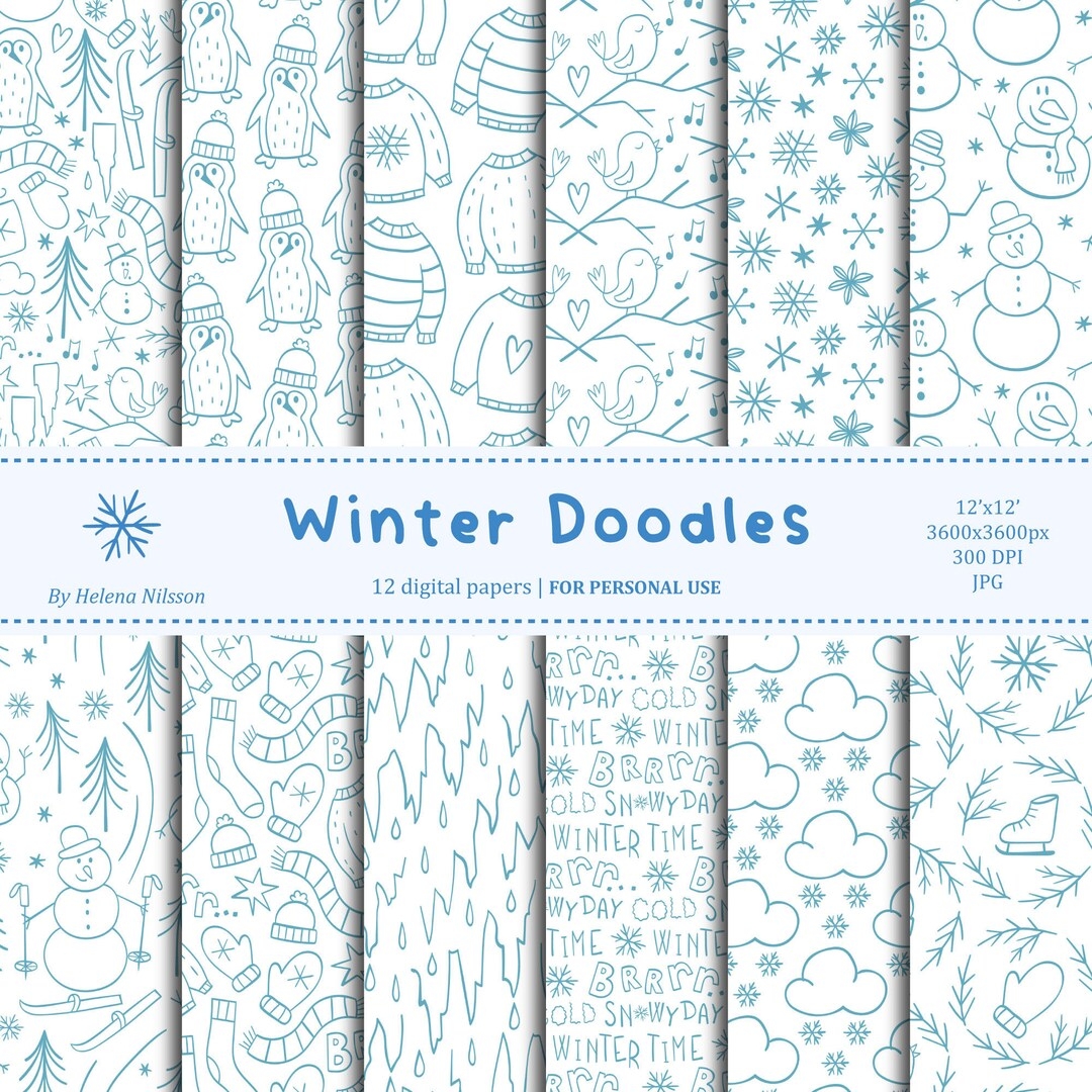 Winter Doodles Digital Paper Pack 12 Printable Papers For Personal Use Blue And White Winter Patterns Etsy