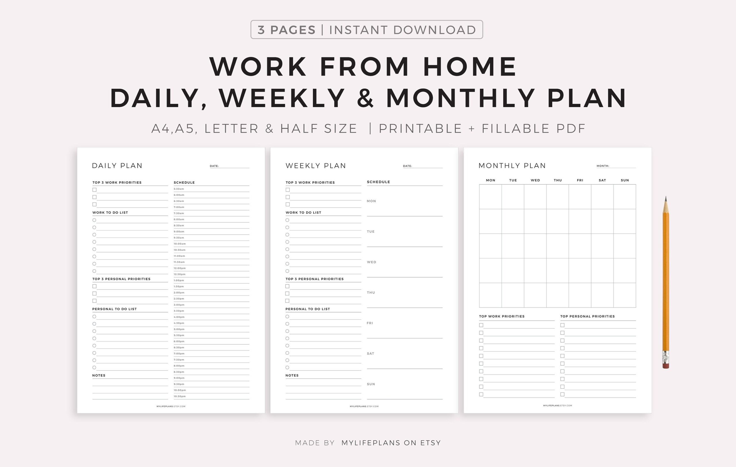 Work From Home Daily Planner Weekly Planner Monthly Planner Instant Download A4 a5 letter half Size Etsy