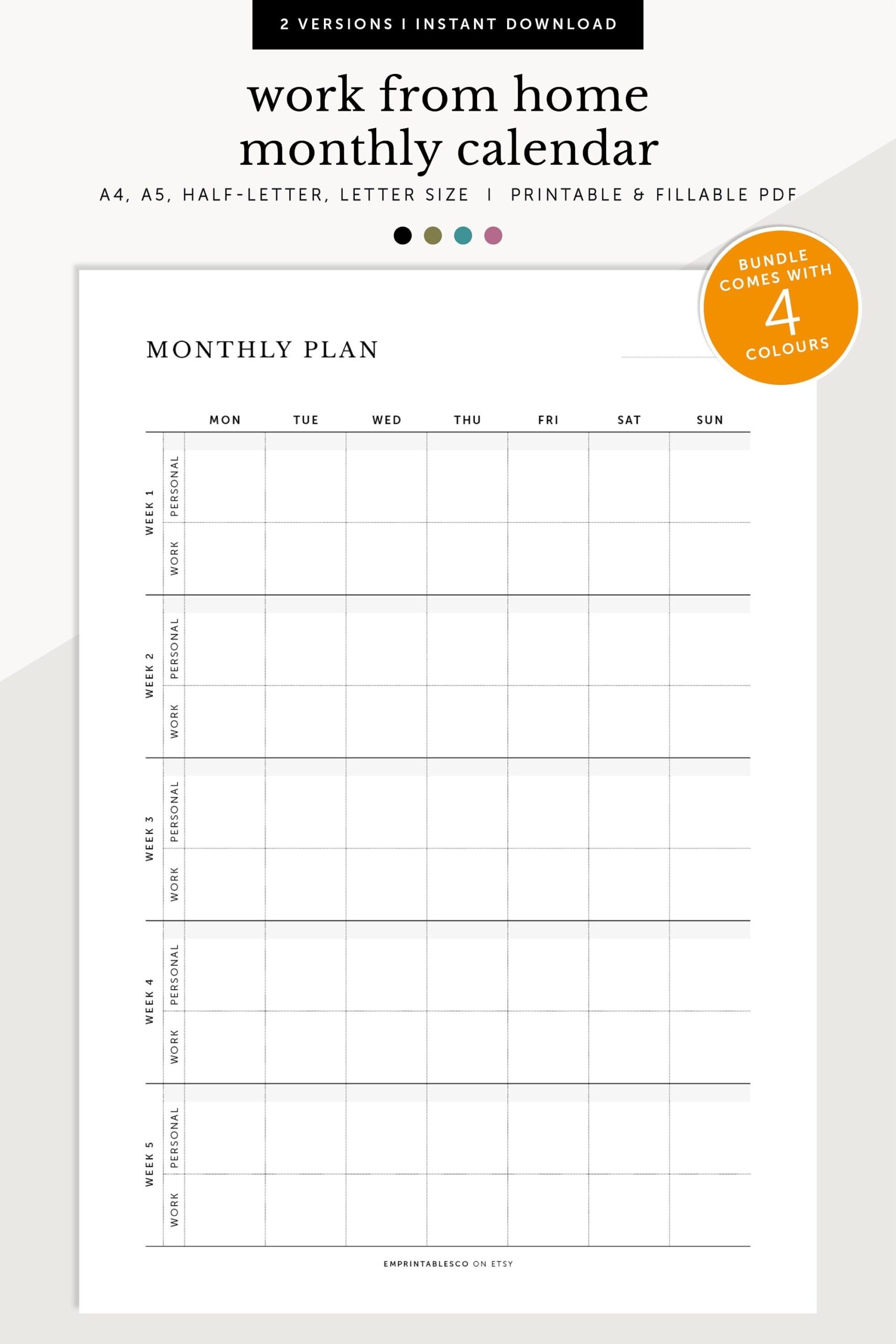 Work From Home Monthly Calendar WFH Monthly Planner Monthly Project Planner Fillable Printable Planner Inserts A4 a5 letter half Size Etsy