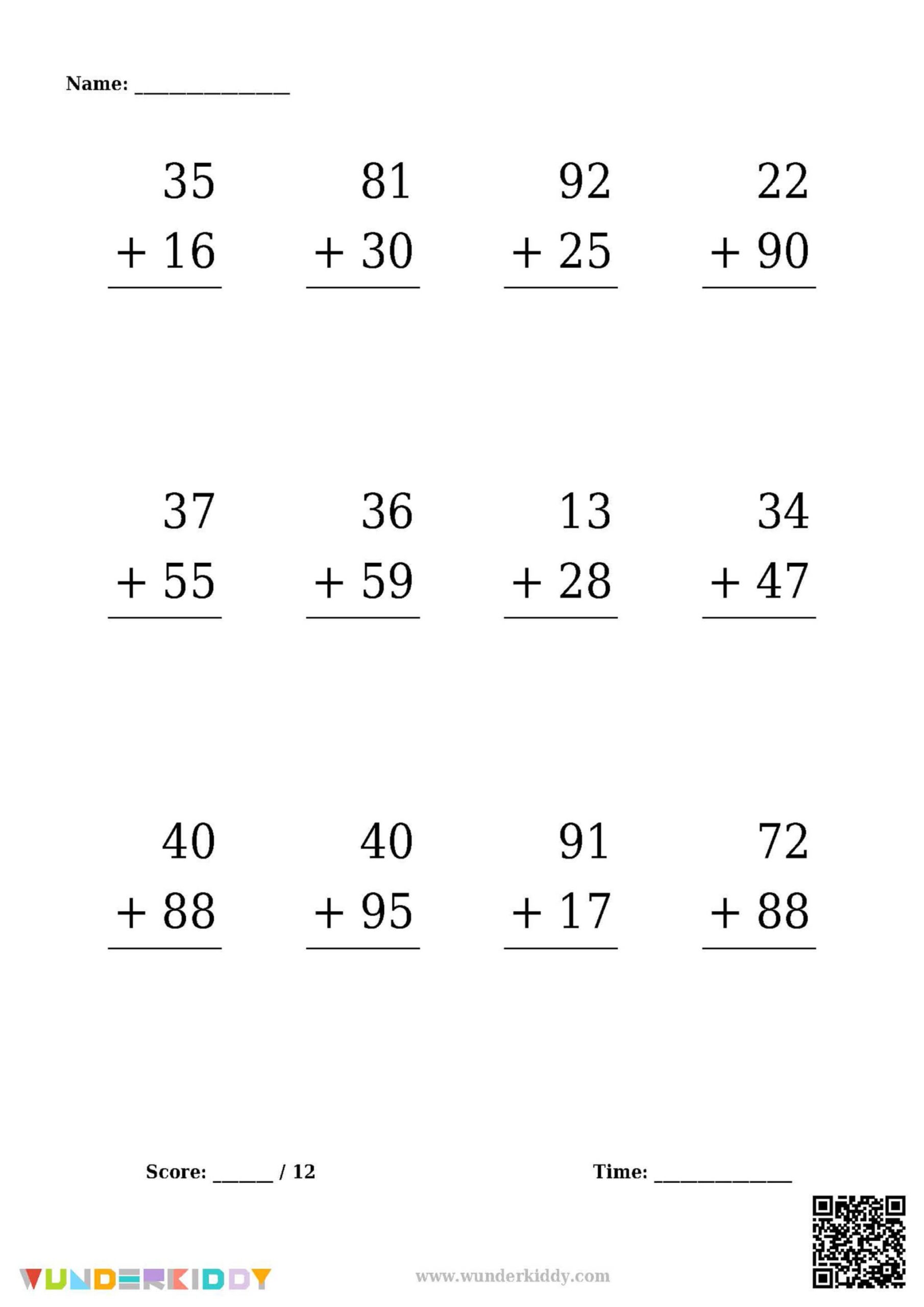 Worksheet Generator For Adding Two 2 Digit Numbers Practice