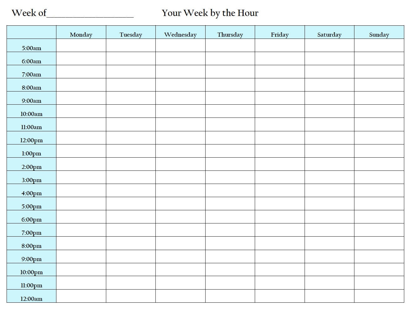 Your Week By The Hour Blue Color Hourly Weekly Planner Printable Spreadsheet Student Work Weekly Planner Hourly Planner Etsy
