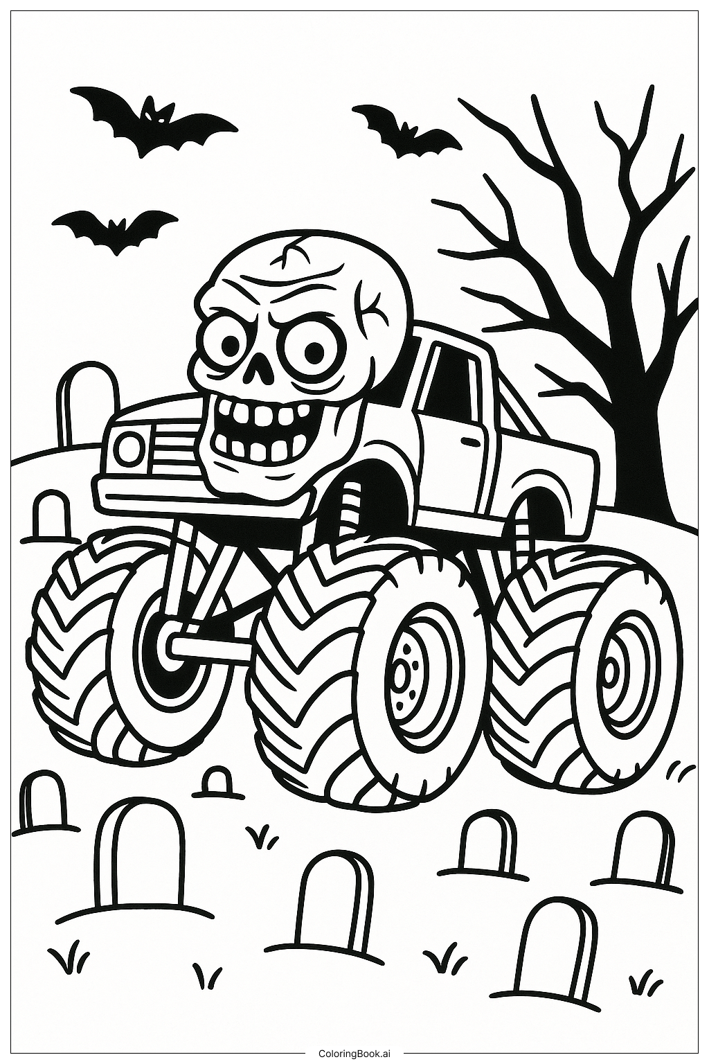 Zombie Monster Truck In A Spooky Graveyard Coloring Page Free PDF PNG Printable 